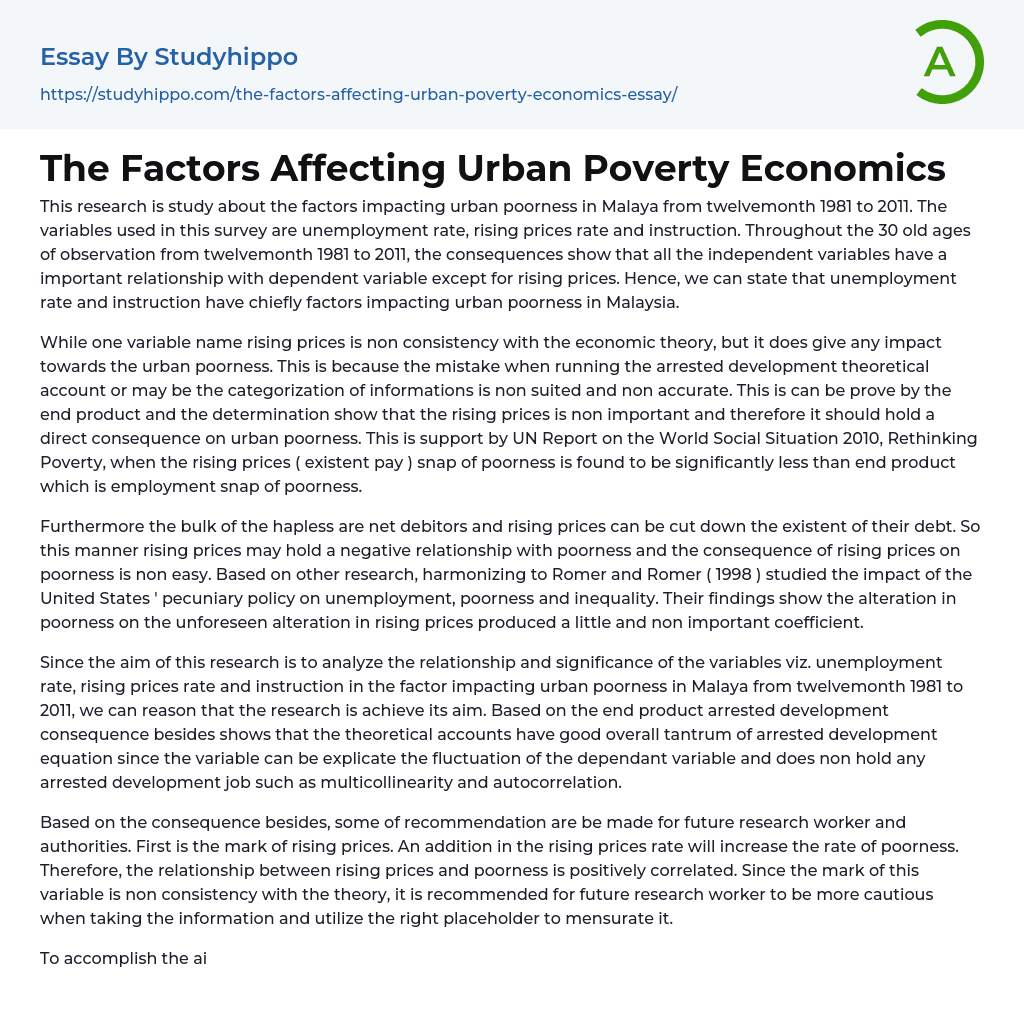 The Factors Affecting Urban Poverty Economics Essay Example