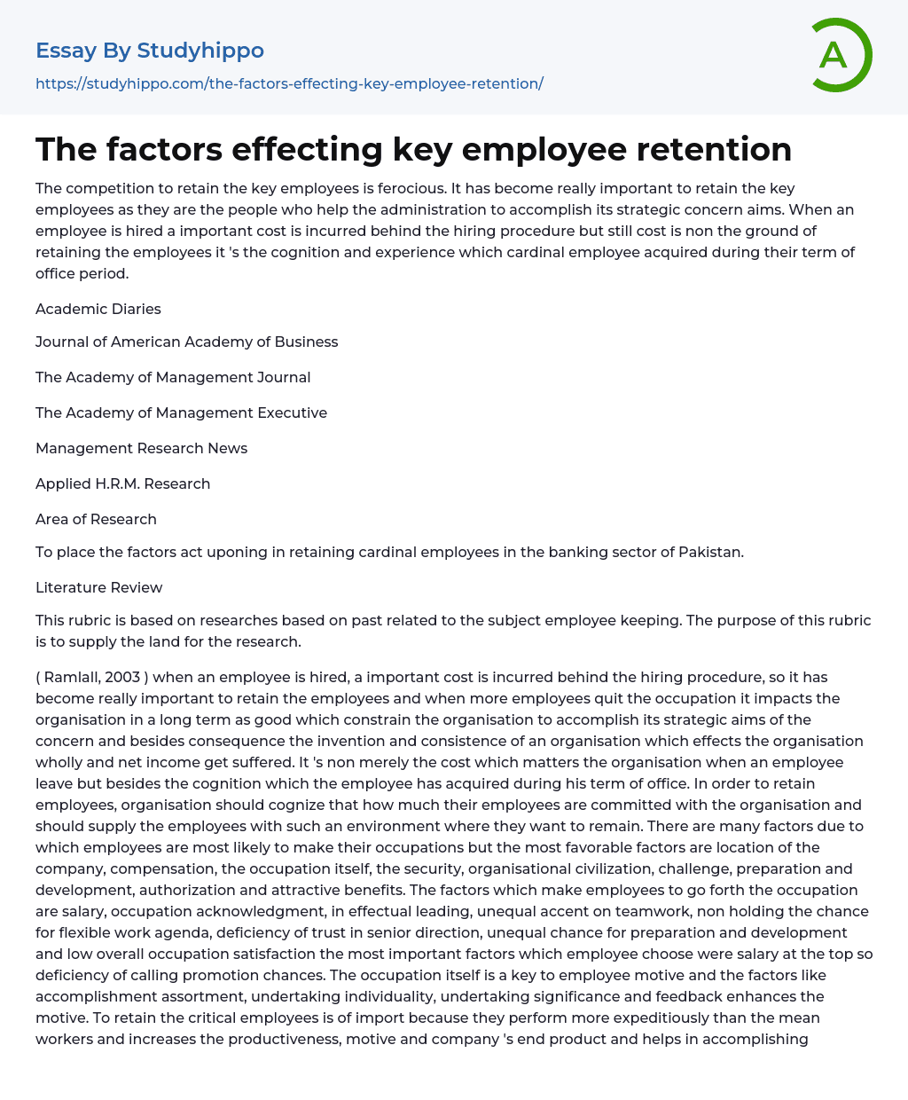 The factors effecting key employee retention Essay Example