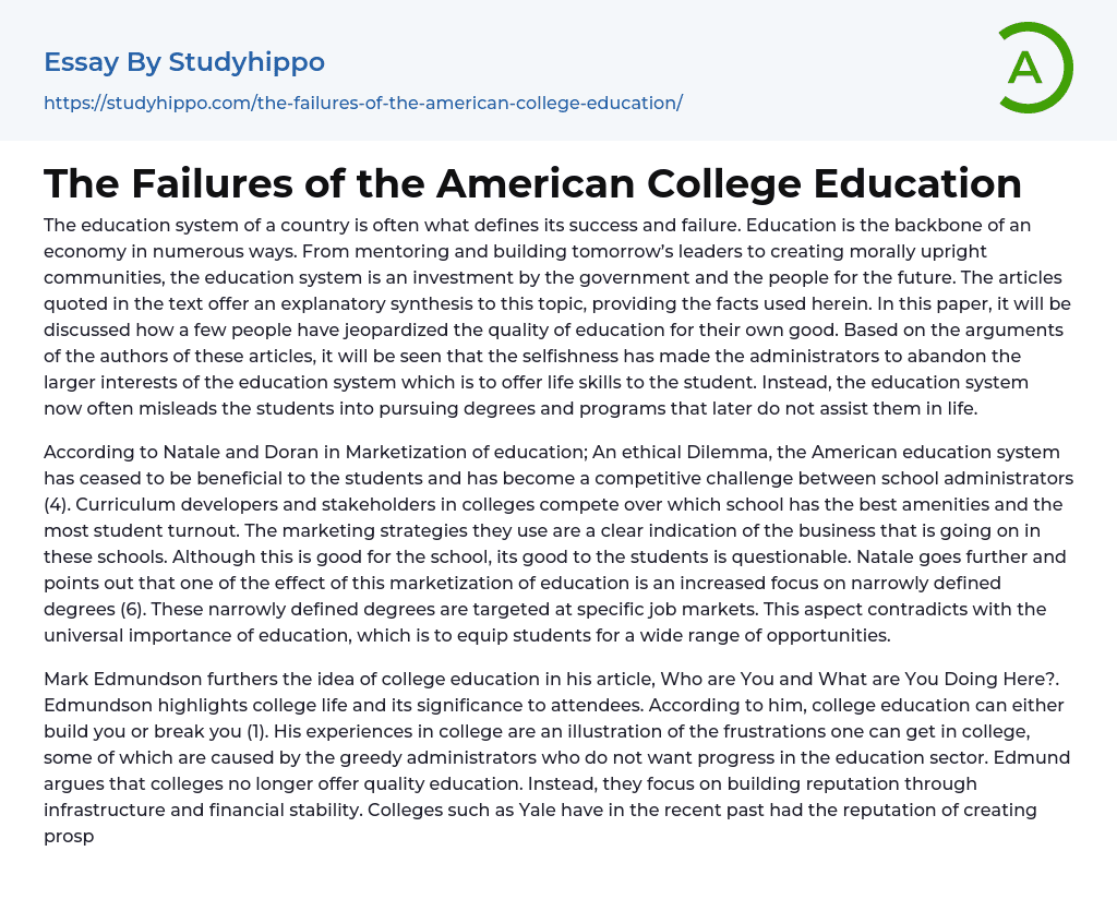 The Failures of the American College Education Essay Example