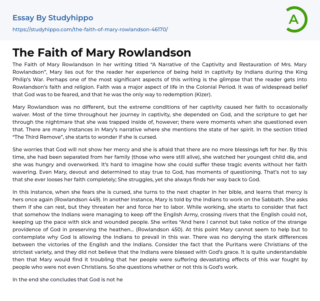 The Faith of Mary Rowlandson Essay Example