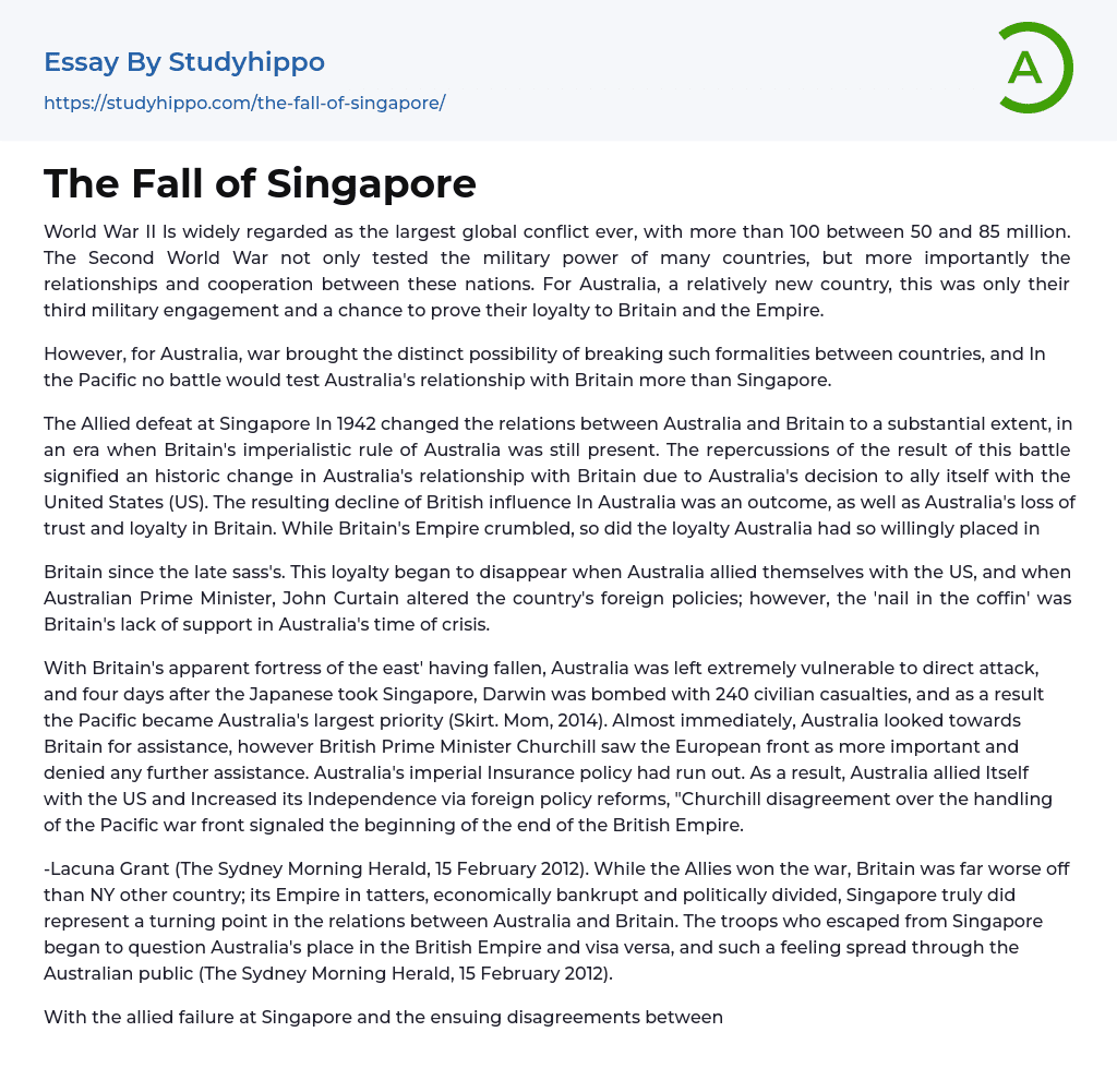 The Fall of Singapore Essay Example