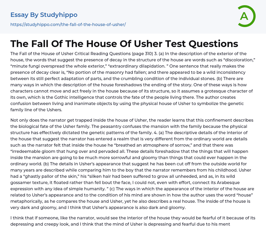 The Fall Of The House Of Usher Test Questions Essay Example