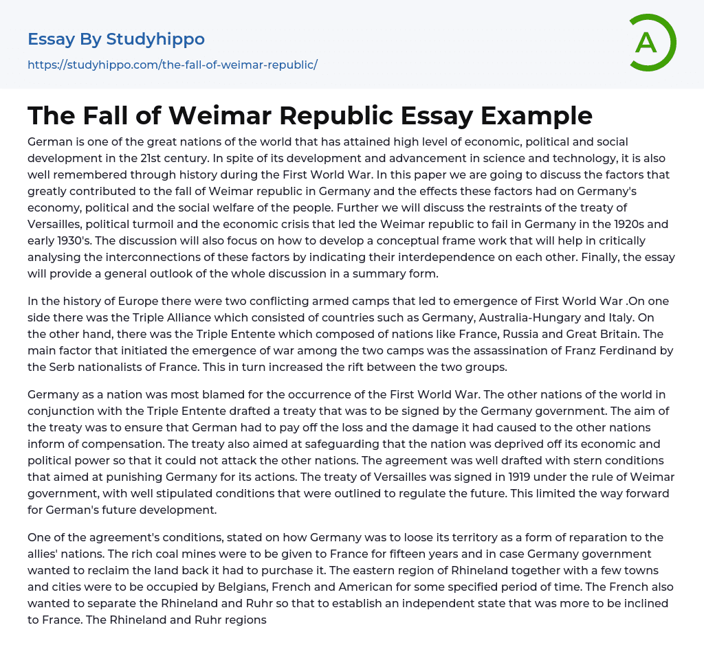 The Fall of Weimar Republic Essay Example