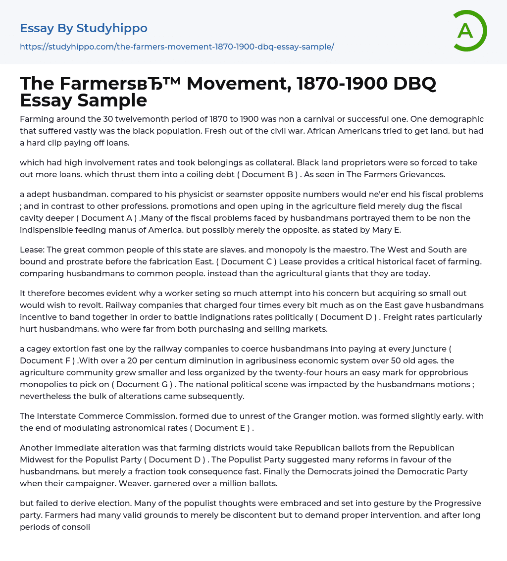 The Farmers Movement, 1870-1900 DBQ Essay Sample