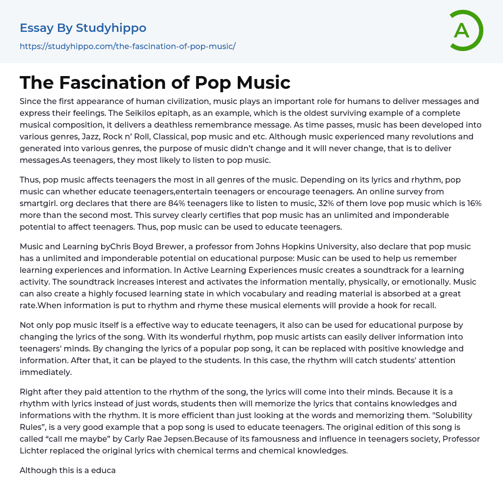 The Fascination of Pop Music Essay Example