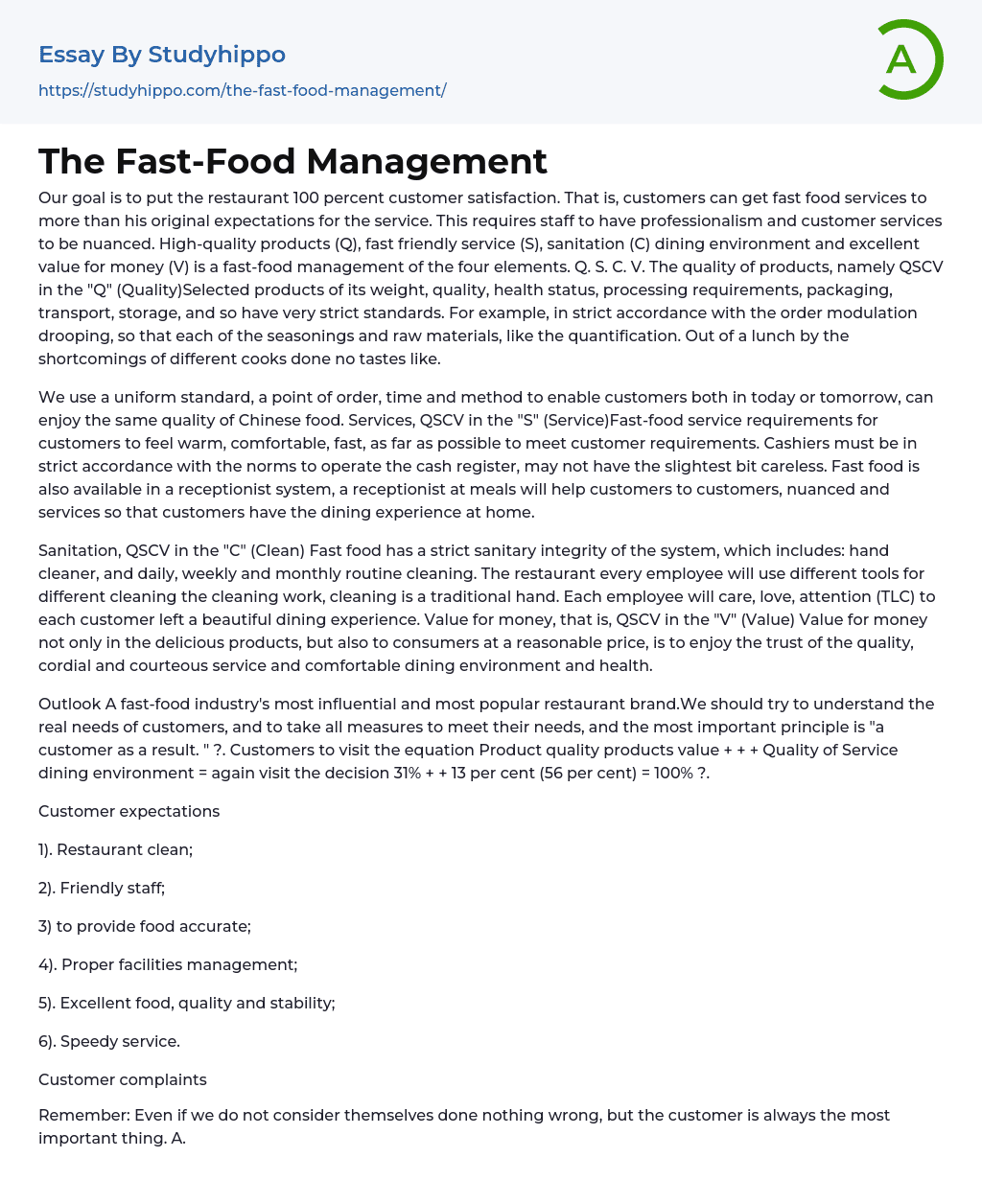 The Fast-Food Management Essay Example