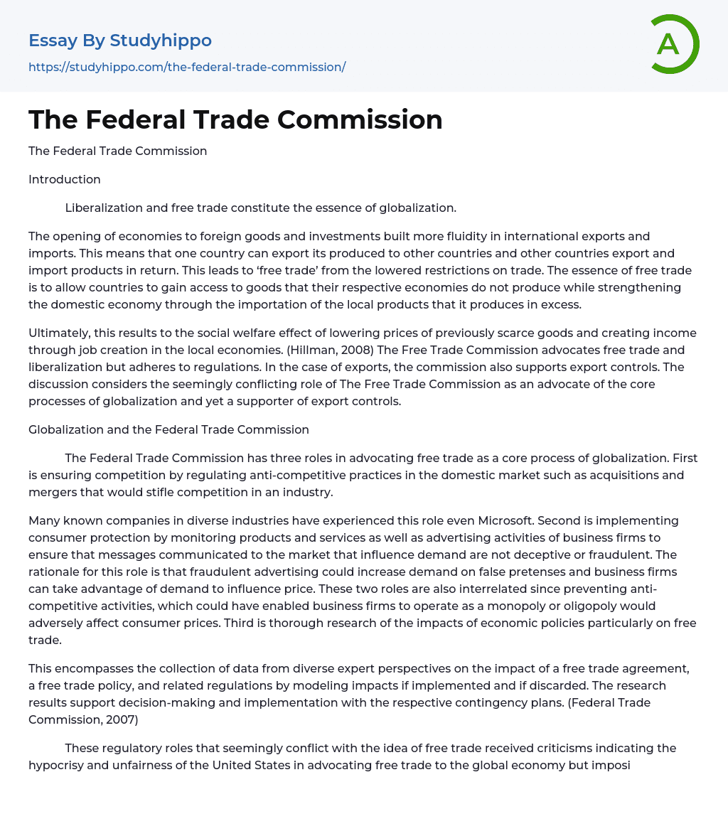 The Federal Trade Commission Essay Example