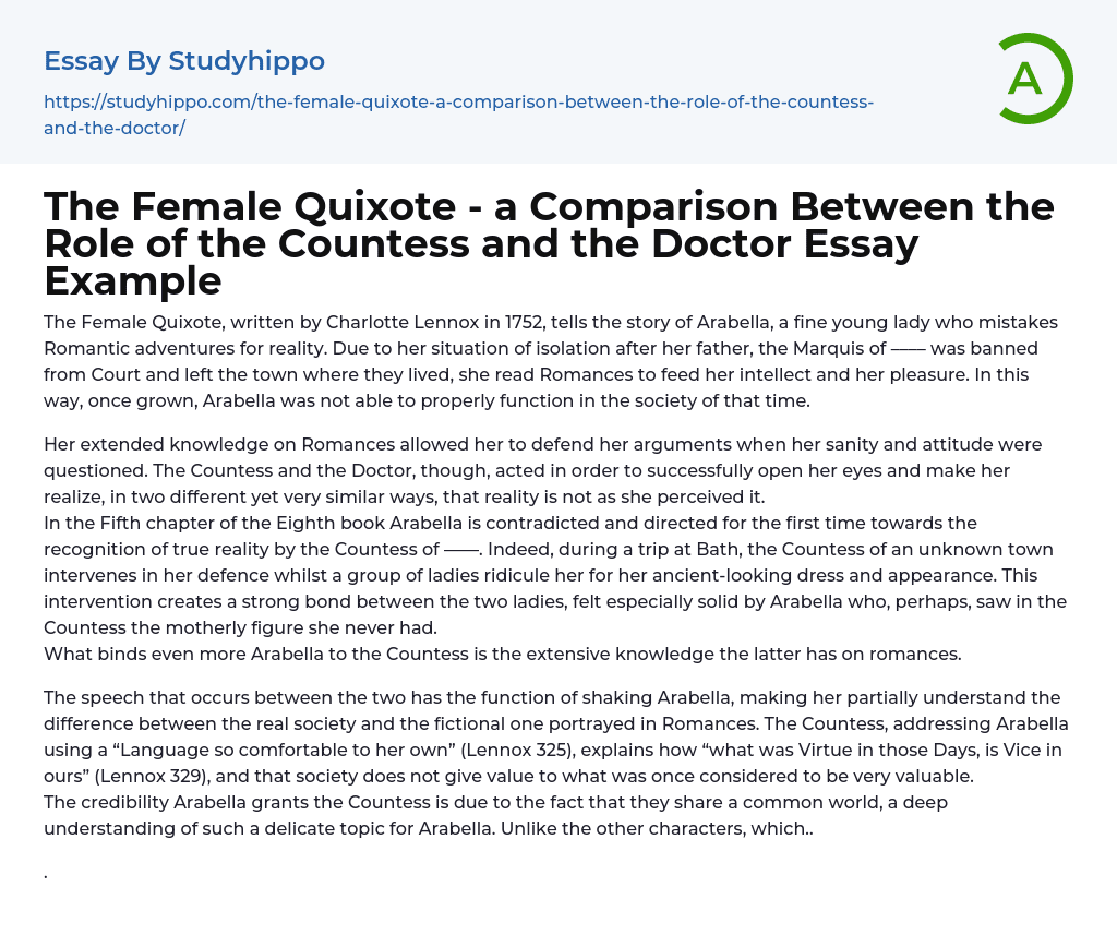 The Female Quixote – a Comparison Between the Role of the Countess and the Doctor Essay Example