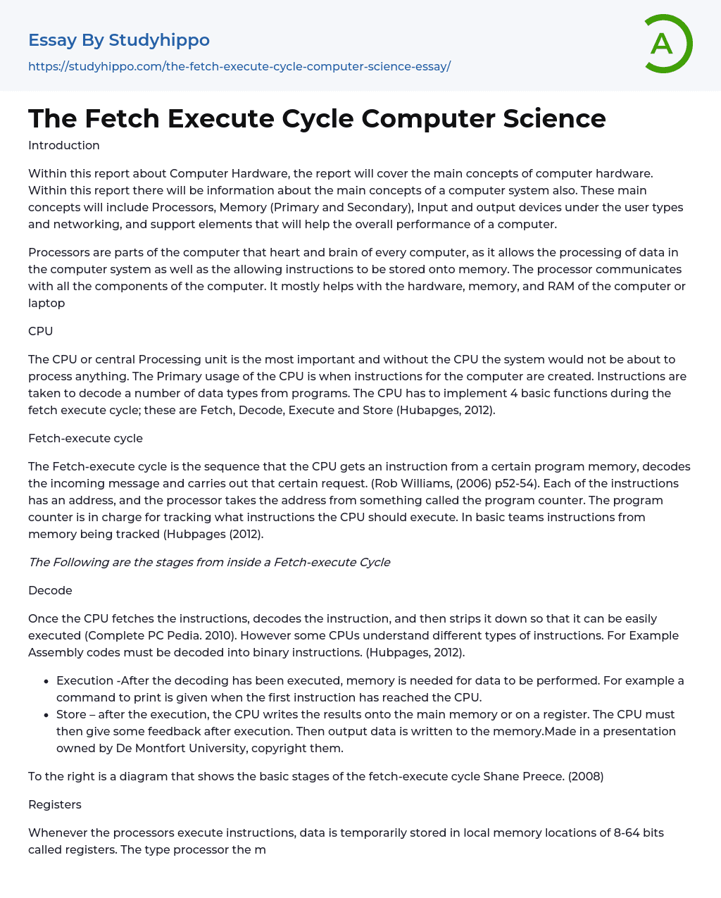 The Fetch Execute Cycle Computer Science Essay Example