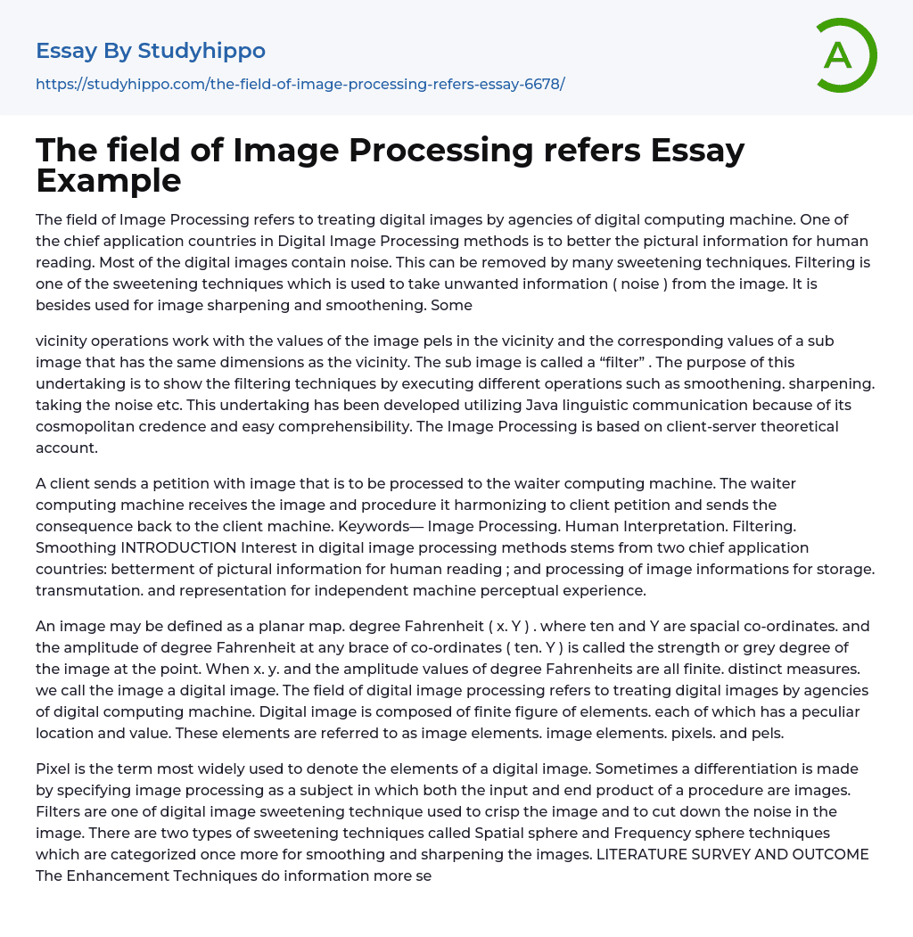 The field of Image Processing refers Essay Example