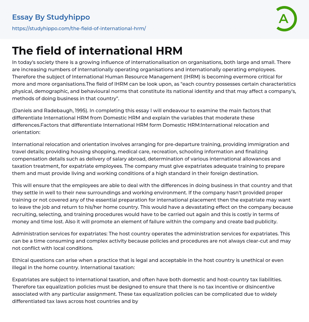 The field of international HRM Essay Example