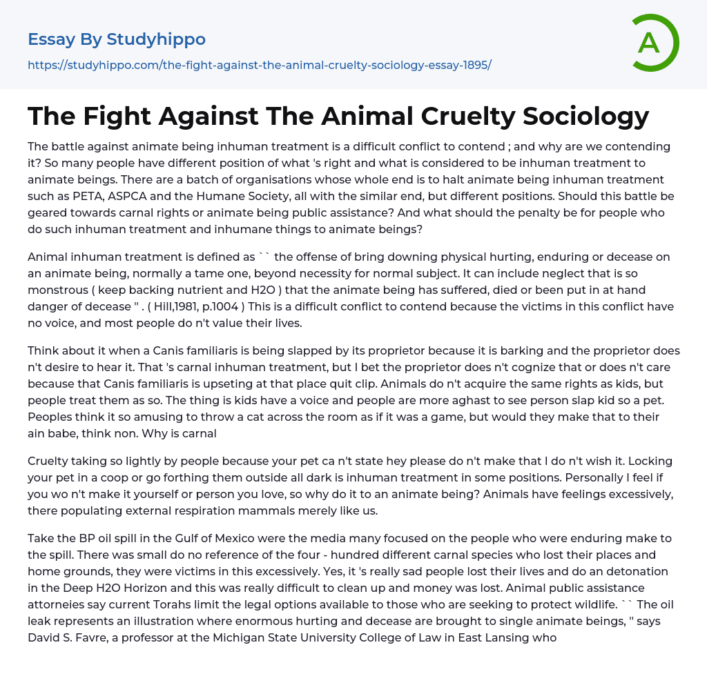 The Fight Against The Animal Cruelty Sociology Essay Example