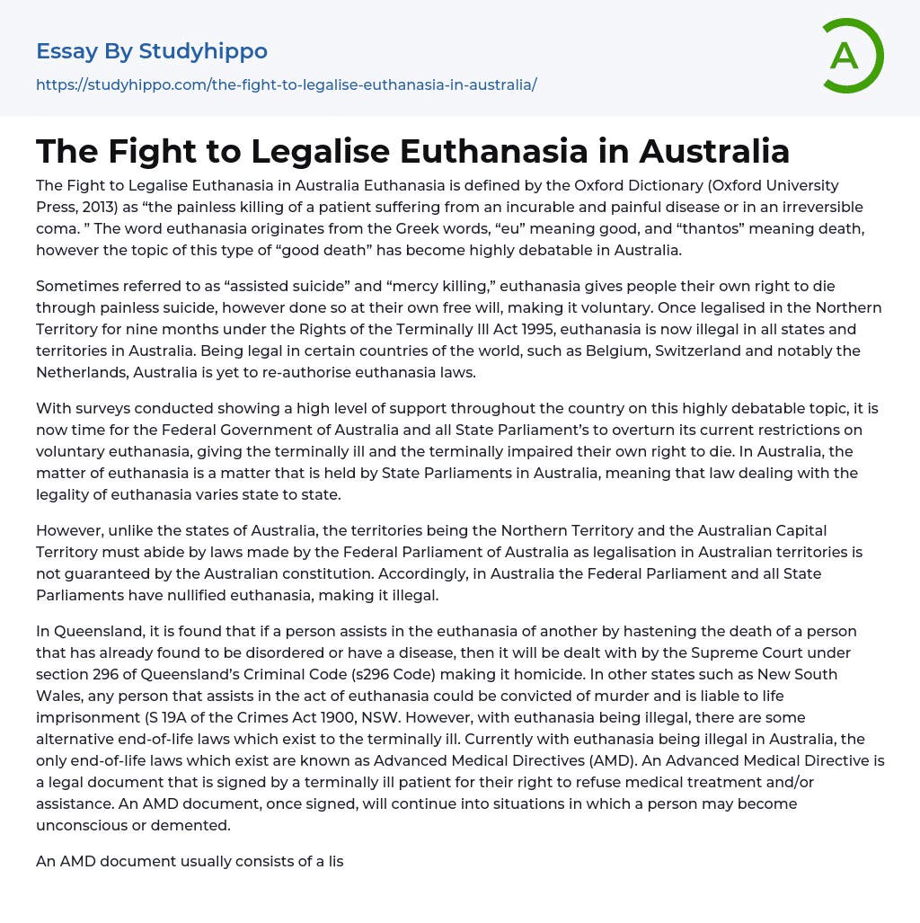 The Fight to Legalise Euthanasia in Australia Essay Example