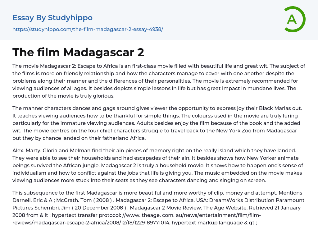 The film Madagascar 2 Essay Example