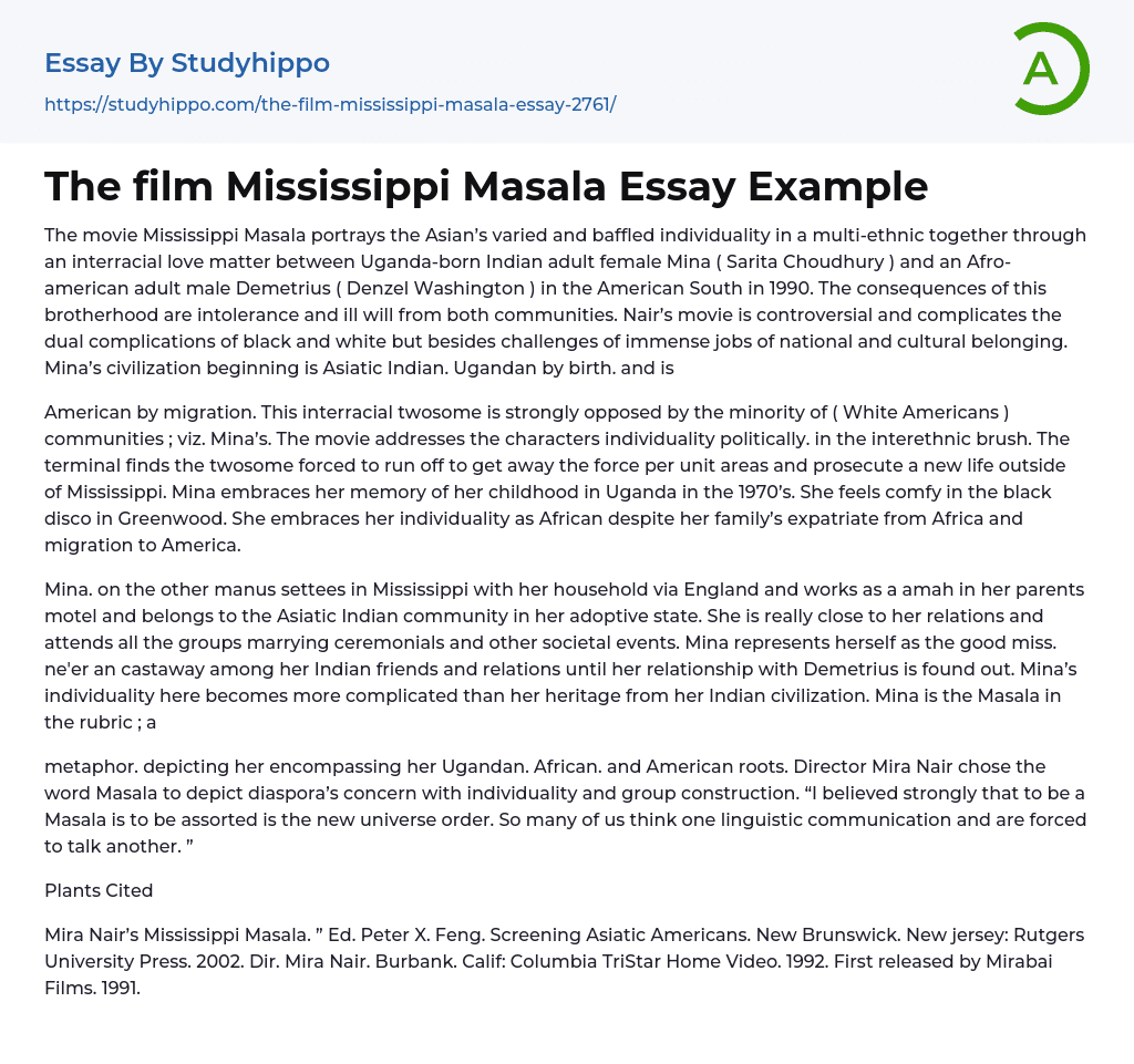 The film Mississippi Masala Essay Example