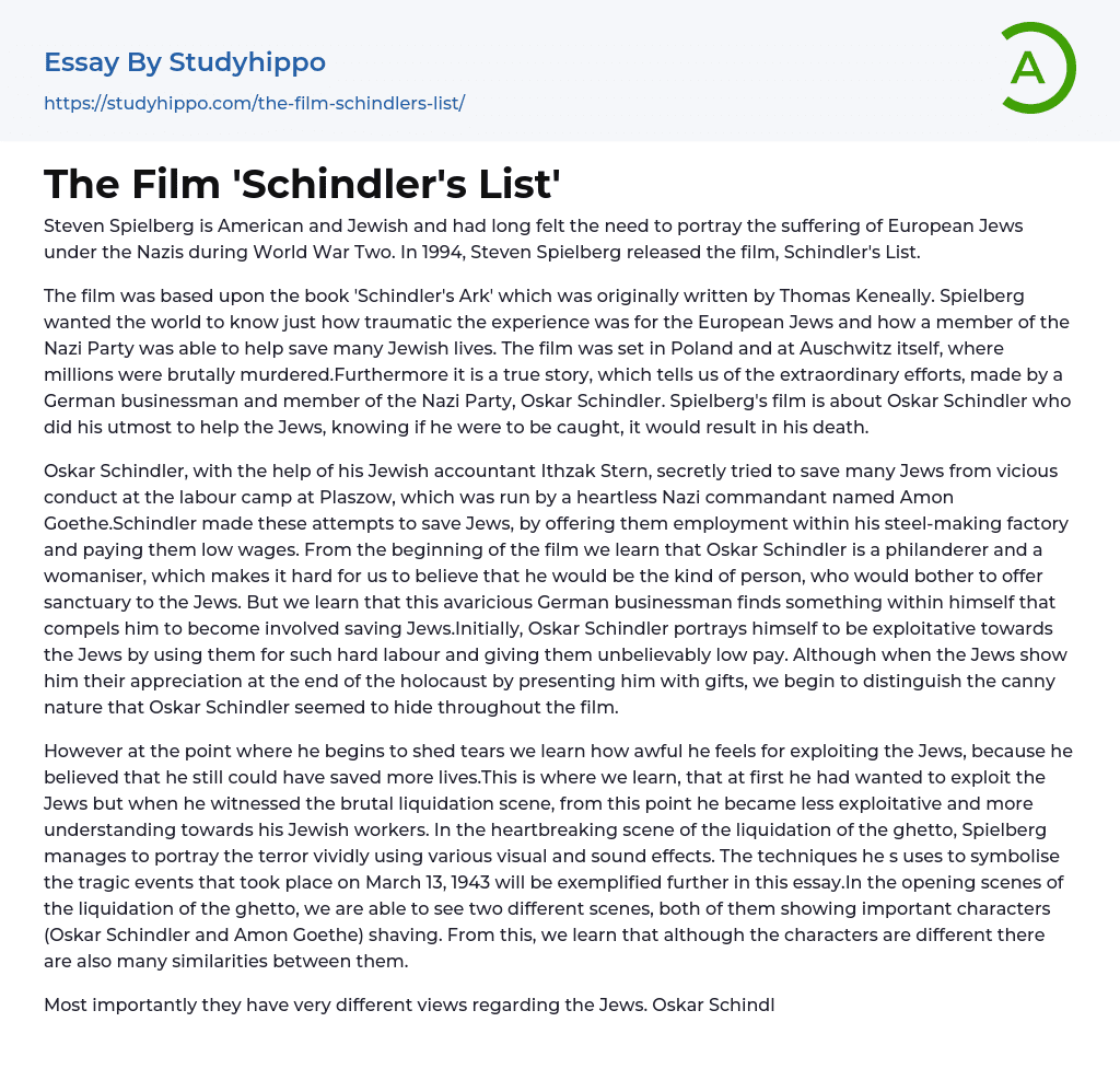 The Film ‘Schindler’s List’ Essay Example