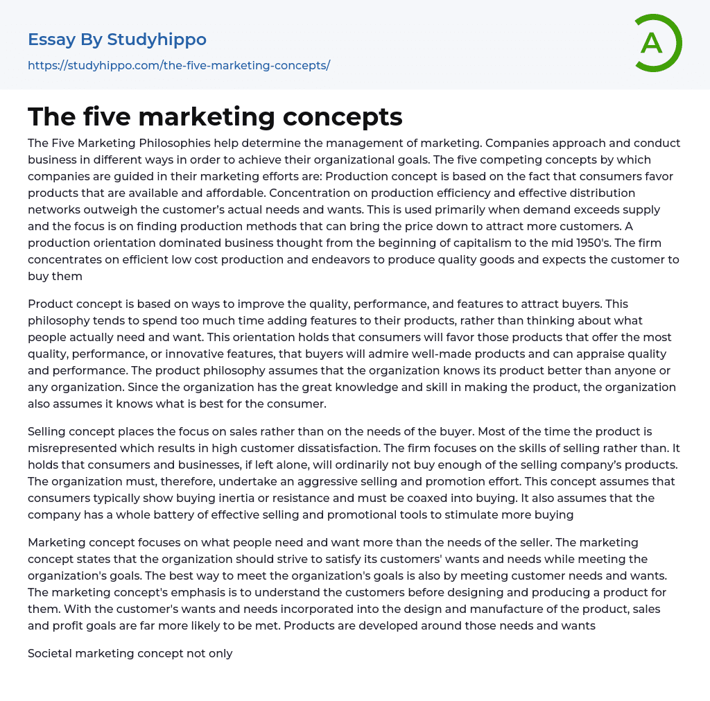 The five marketing concepts Essay Example