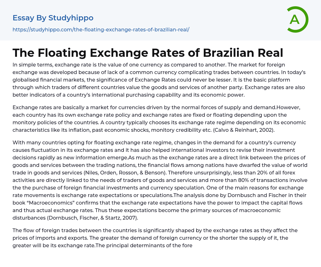 The Floating Exchange Rates of Brazilian Real Essay Example