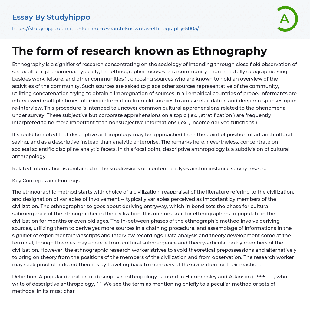 The form of research known as Ethnography Essay Example