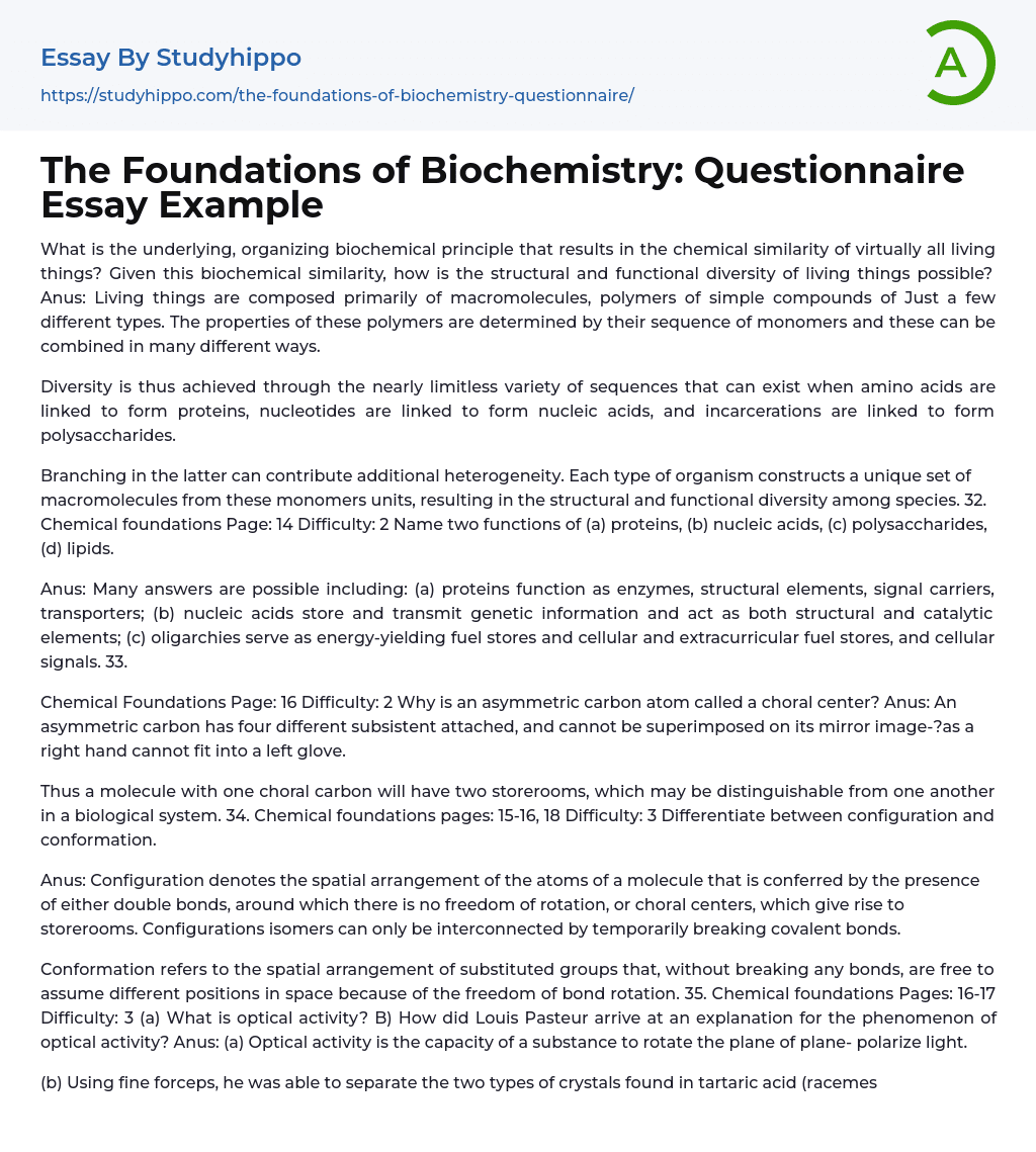 The Foundations of Biochemistry: Questionnaire Essay Example