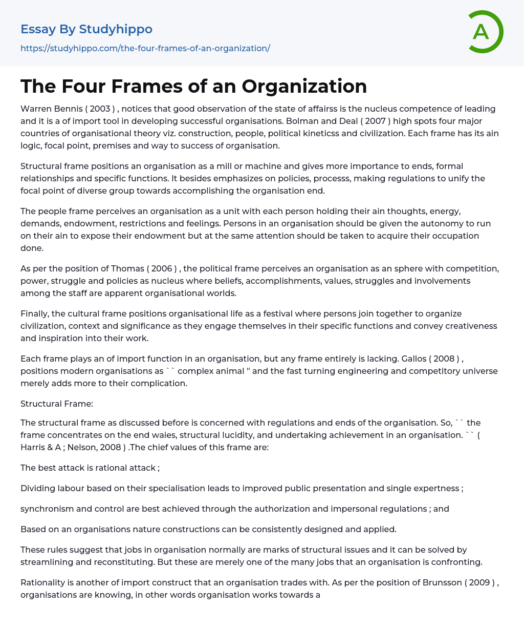 The Four Frames of an Organization Essay Example