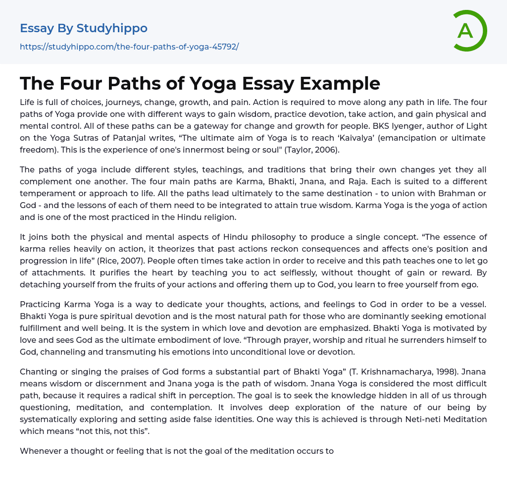 The Four Paths of Yoga Essay Example