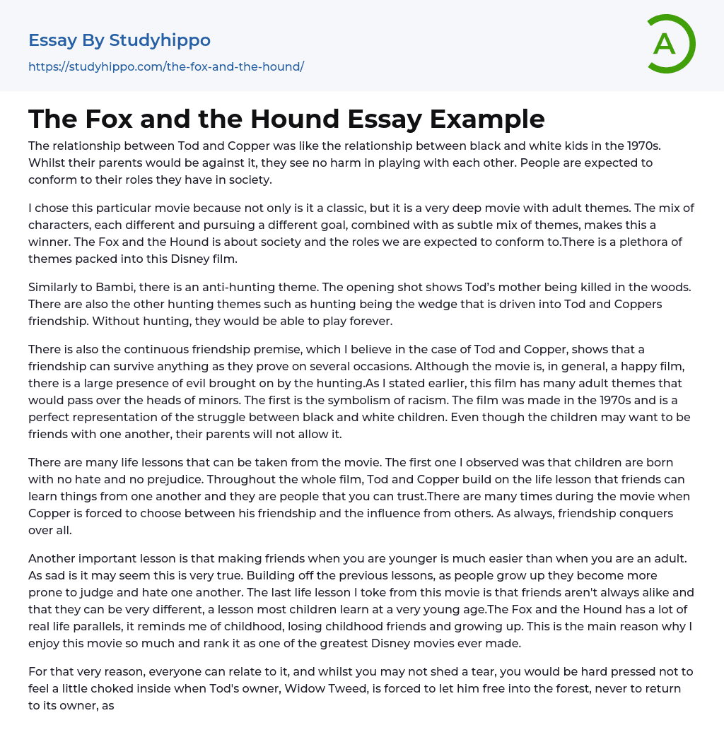 The Fox and the Hound Essay Example