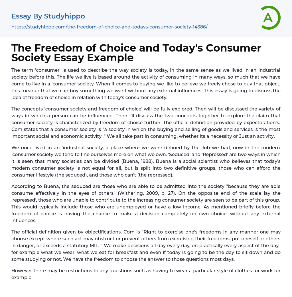 The Freedom of Choice and Today’s Consumer Society Essay Example