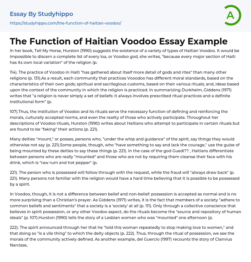 The Function of Haitian Voodoo Essay Example
