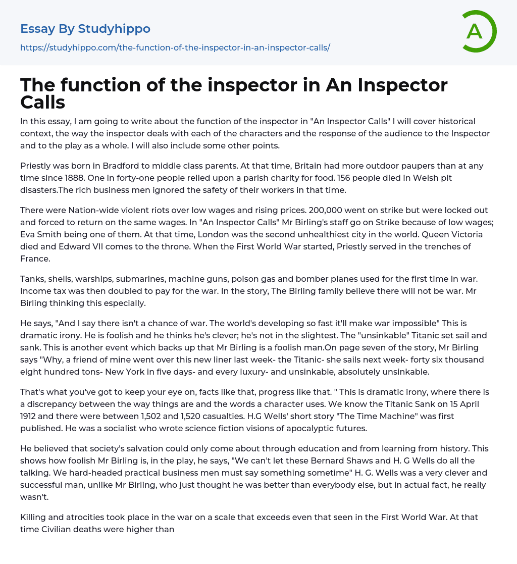 The function of the inspector in An Inspector Calls Essay Example