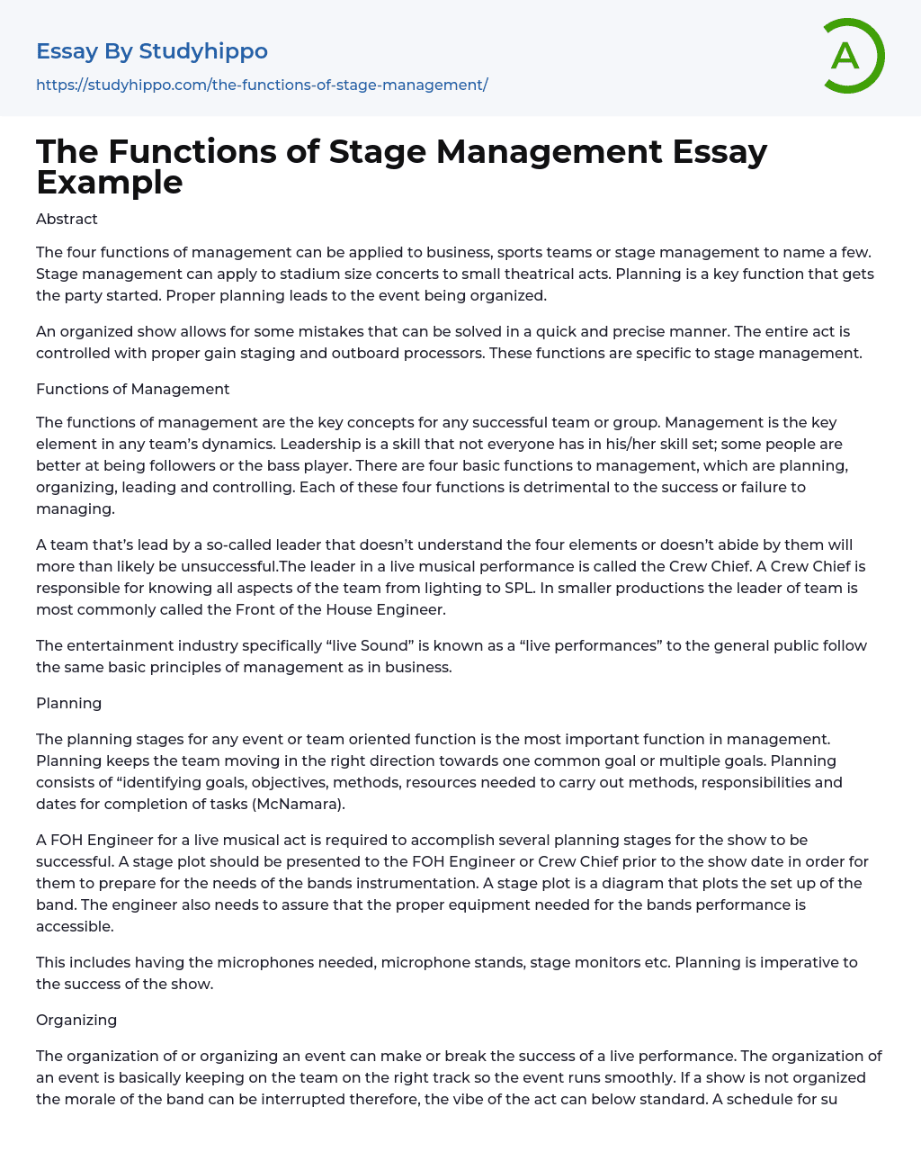 The Functions of Stage Management Essay Example