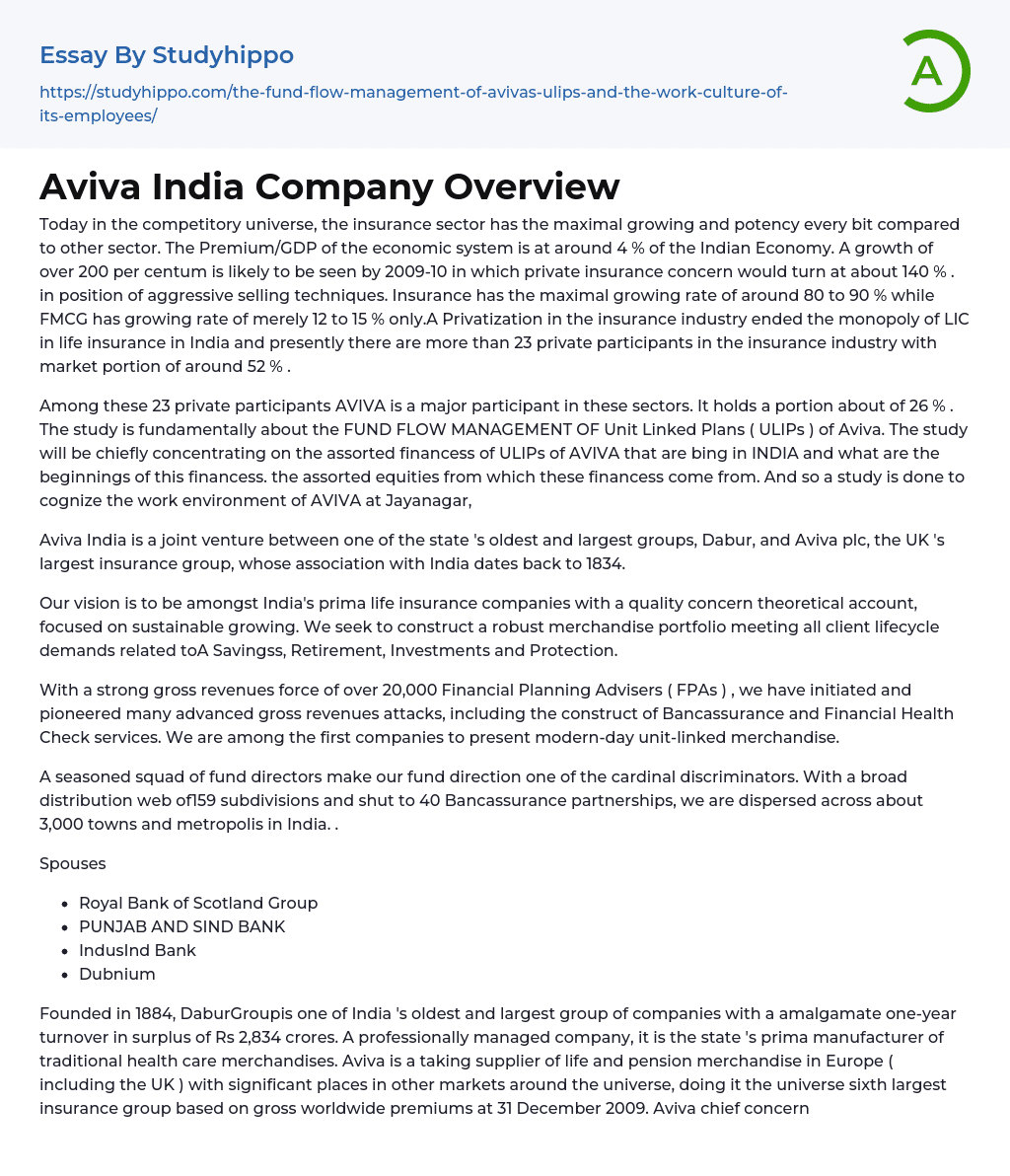 Aviva India Company Overview Essay Example