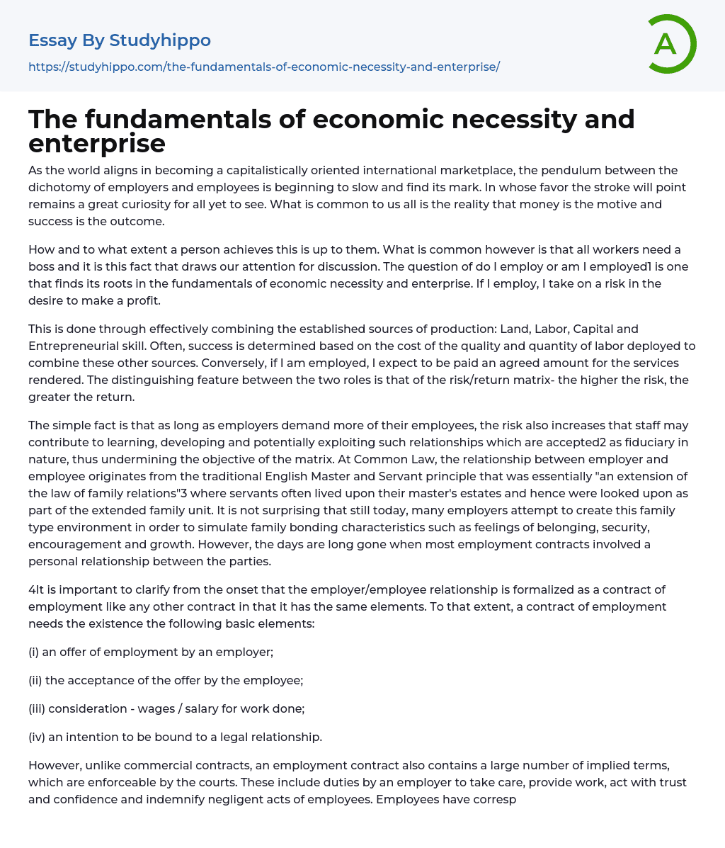 The fundamentals of economic necessity and enterprise Essay Example