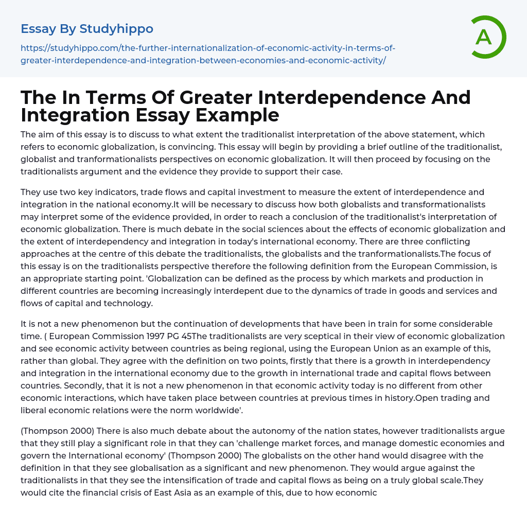 The In Terms Of Greater Interdependence And Integration Essay Example