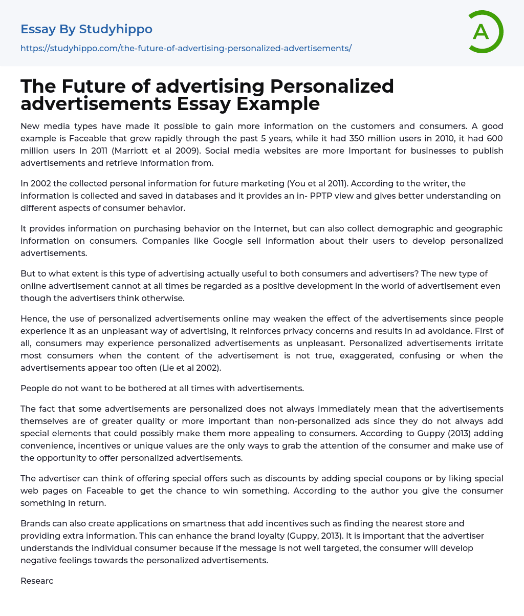 The Future of advertising Personalized advertisements Essay Example