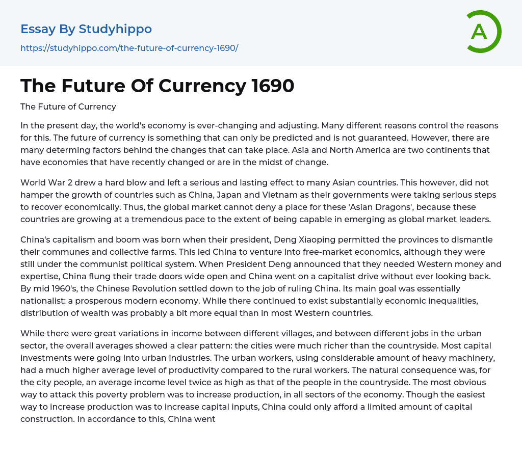 The Future Of Currency 1690 Essay Example