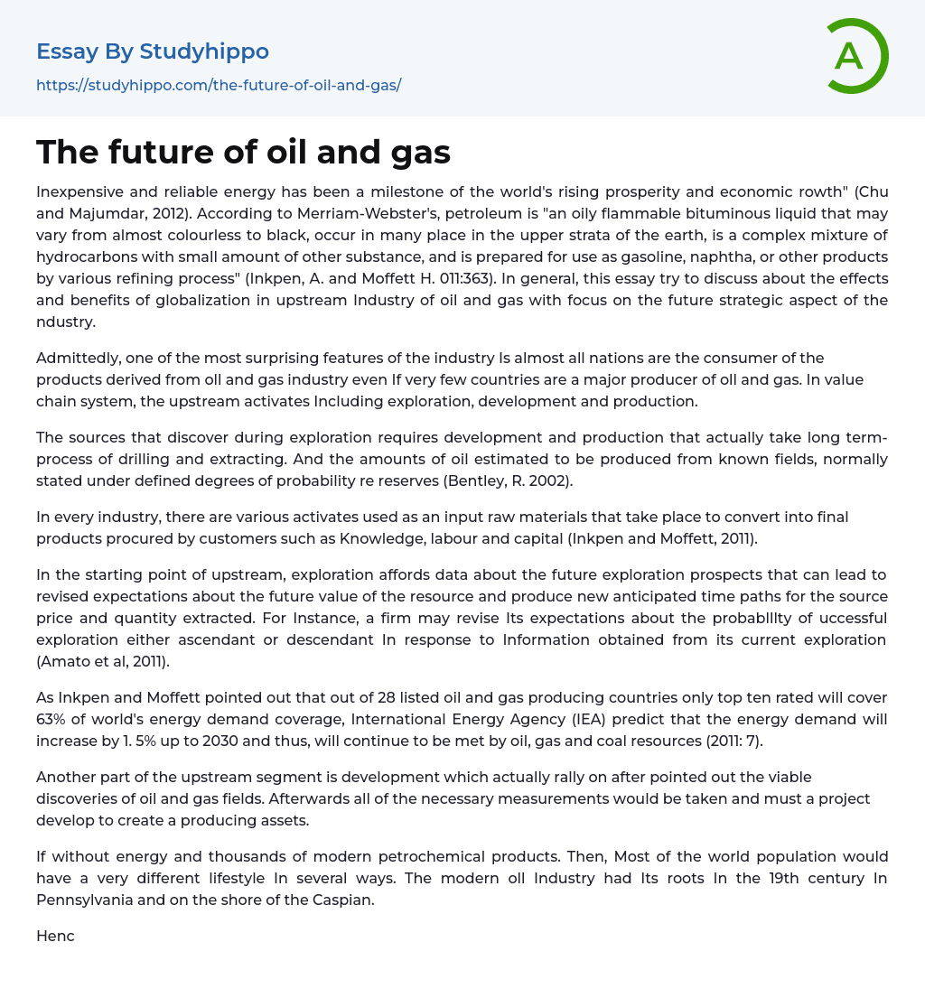 The future of oil and gas Essay Example
