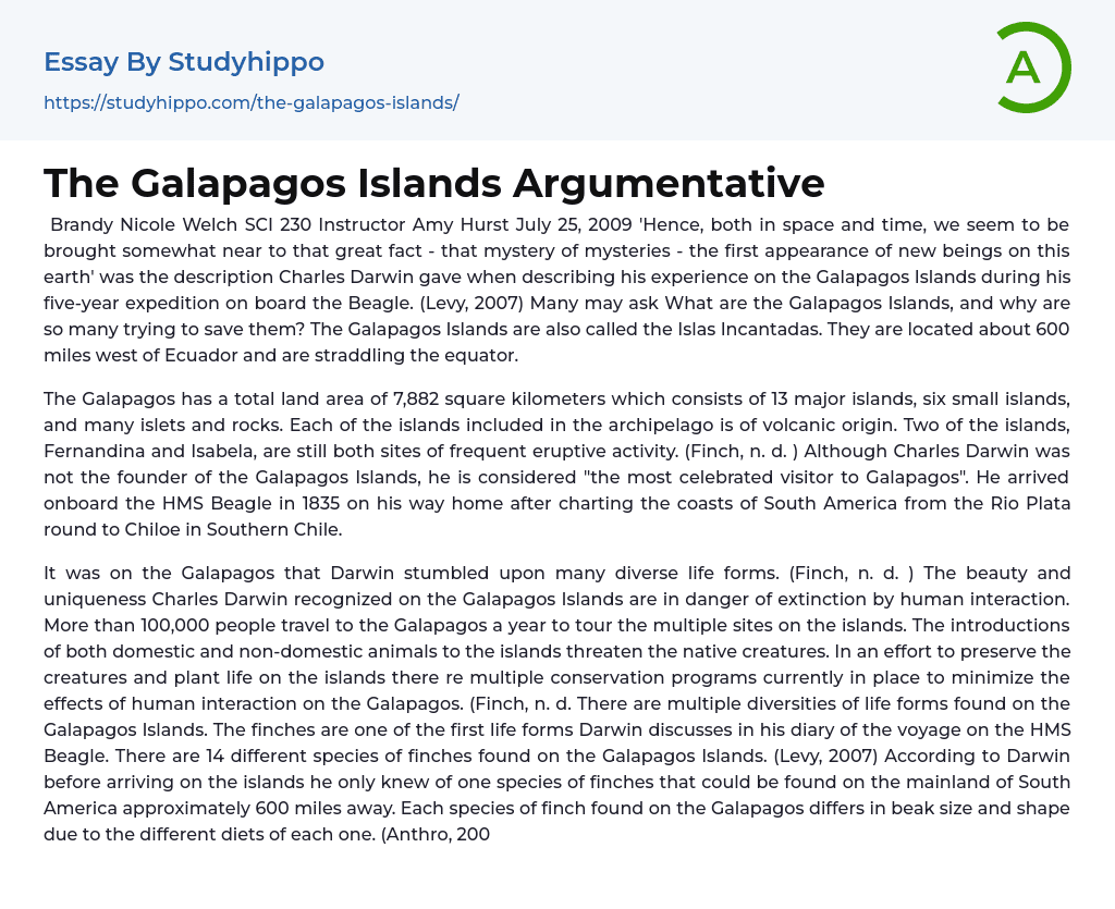 The Galapagos Islands Argumentative Essay Example