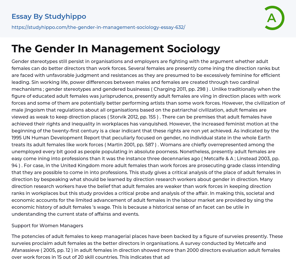 The Gender In Management Sociology Essay Example
