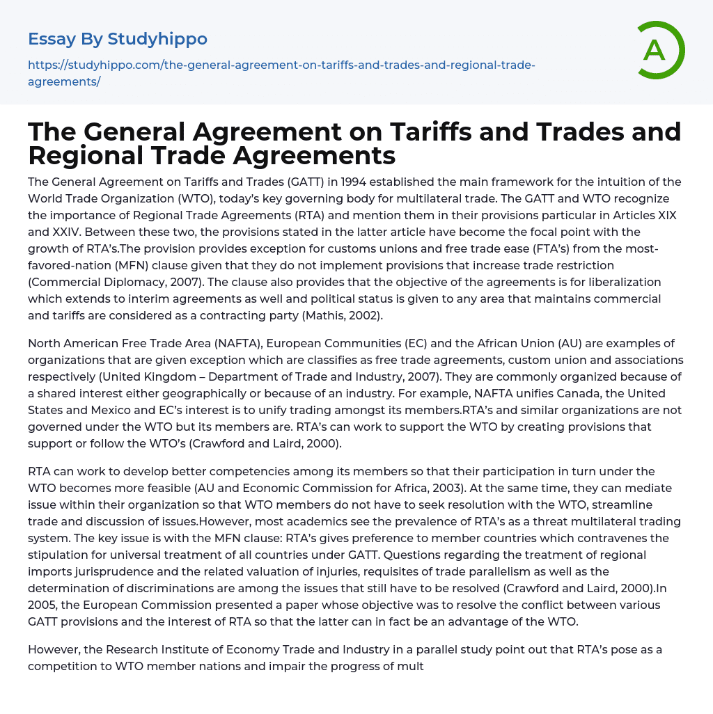 The General Agreement on Tariffs and Trades and Regional Trade Agreements Essay Example
