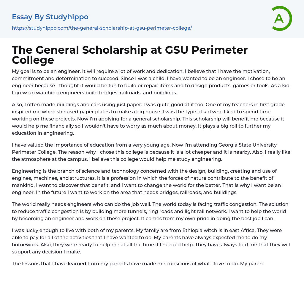 The General Scholarship at GSU Perimeter College Essay Example
