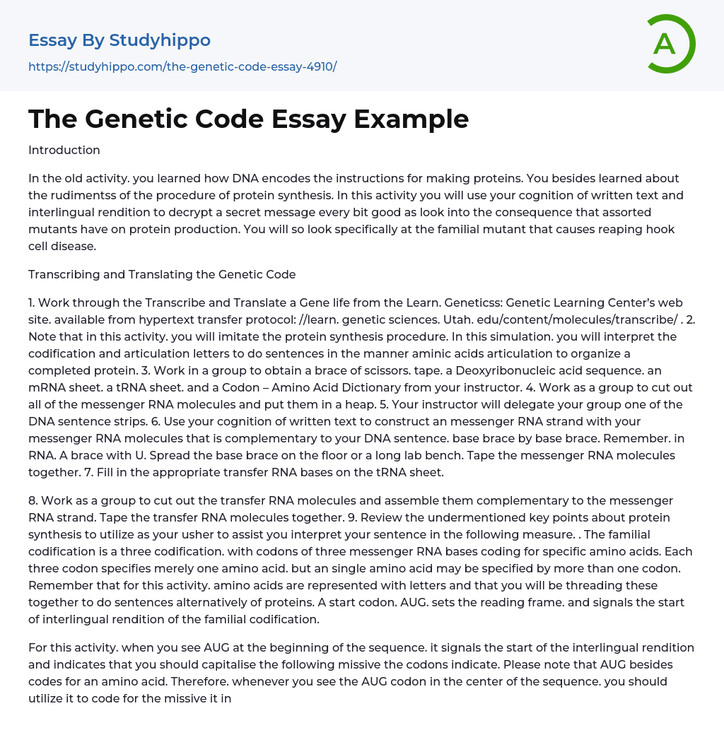 The Genetic Code Essay Example