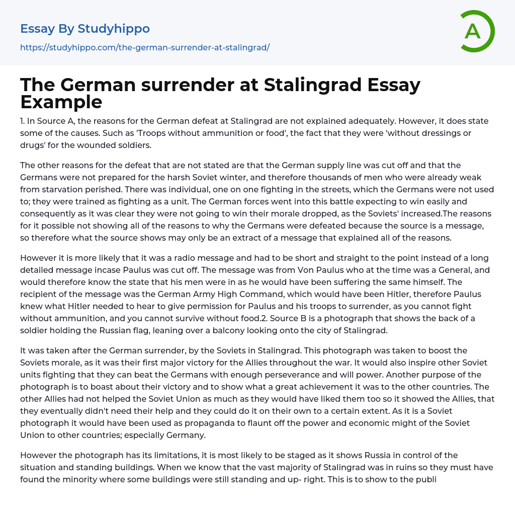 The German surrender at Stalingrad Essay Example