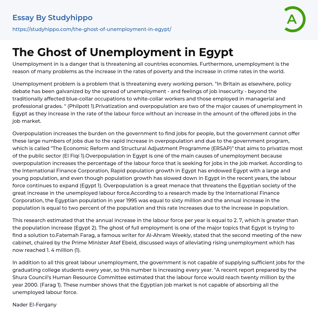 The Ghost of Unemployment in Egypt Essay Example