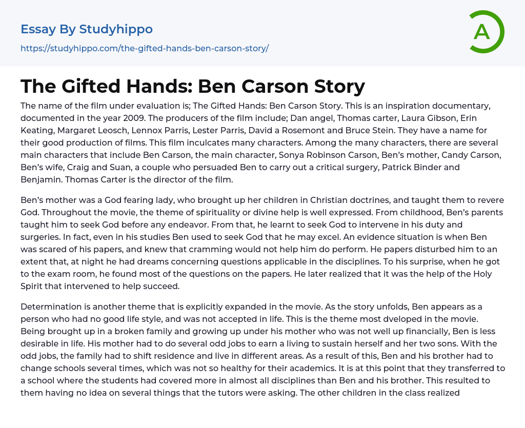 The Gifted Hands: Ben Carson Story Essay Example