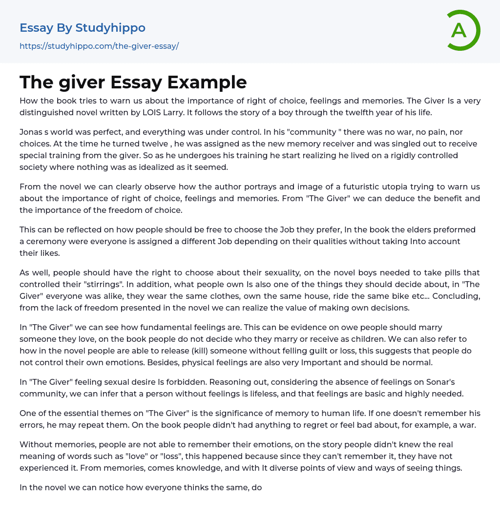 The giver Essay Example