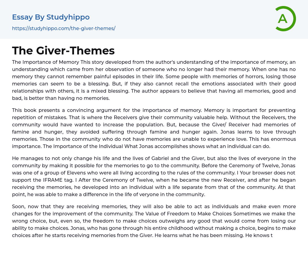The Giver-Themes Essay Example