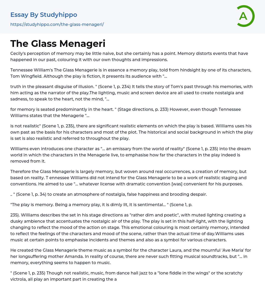 The Glass Menageri Essay Example