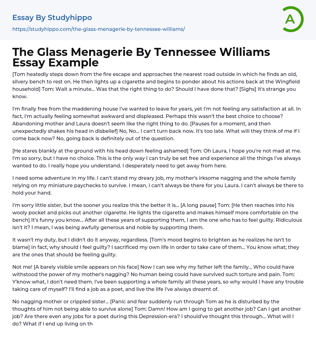 The Glass Menagerie By Tennessee Williams Essay Example