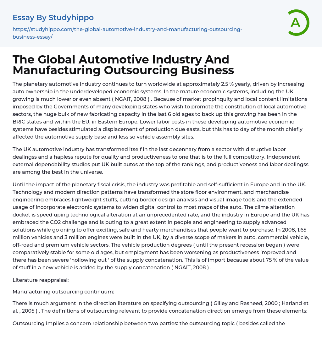 The Global Automotive Industry And Manufacturing Outsourcing Business Essay Example